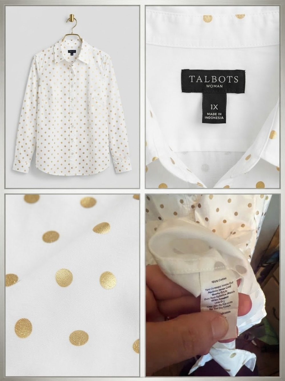 Talbots White Button-Down Shirt with Metallic Gold Polka Dots